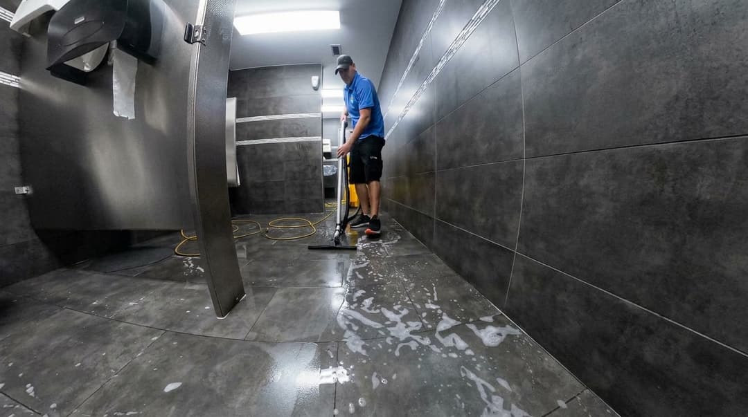 Prime crew member vacuuming a washroom floor dry
